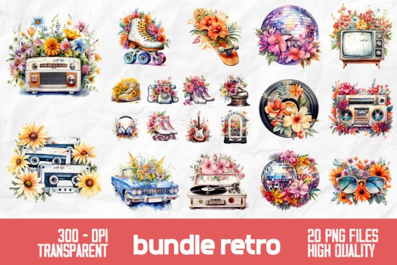 Download Retro Watercolor Flowers Bundle Design - Premium Bundle