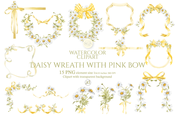Download Watercolor Daisy Wreath with Yellow Bow - Premium Resources